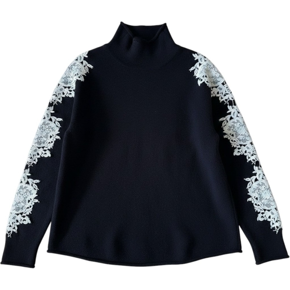 G by Giuliana‎ Mock Neck Sweater L Black Lace Sleeve Applique Romantic Elegant